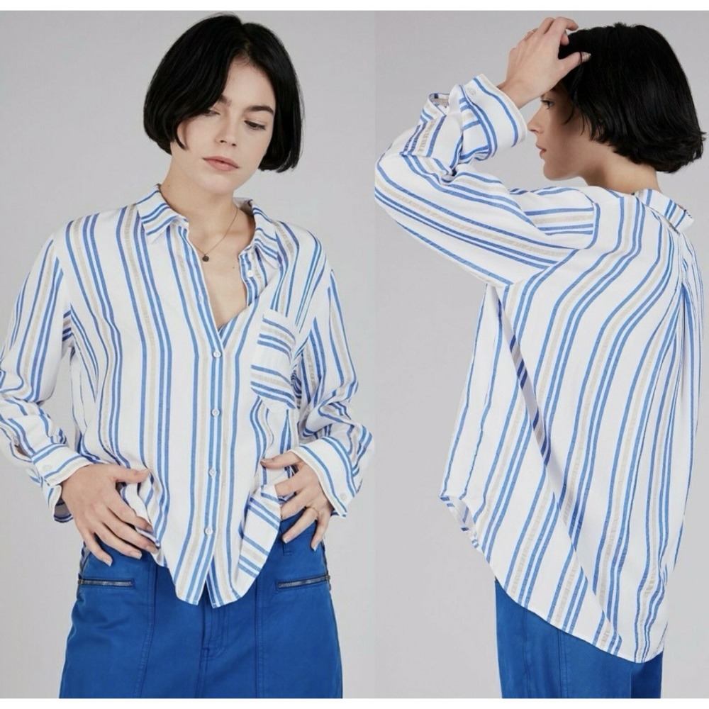 Cotélac Acoté Blue‎ & Gold Striped Button Down Blouse French Designer Size XS/S